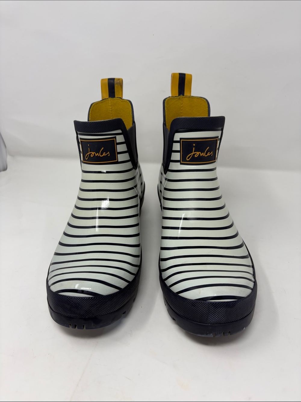 Joules White & Navy Striped Wellibob Rain Boots with Yellow Trim Size 9